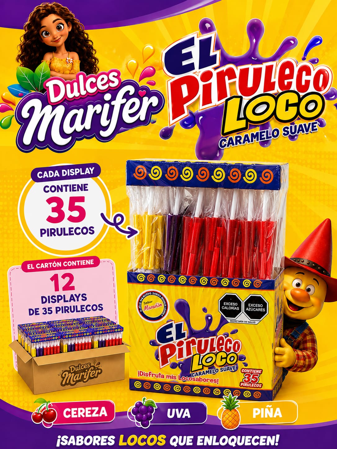 El Piruleco Loco — display de 35 pirulecos de caramelo suave