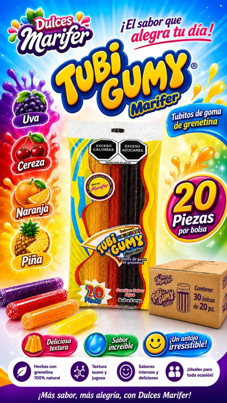 Tubi Gumy Marifer — Tubitos de goma de grenetina, bolsa de 20 piezas con sabores de uva, cereza, naranja y piña