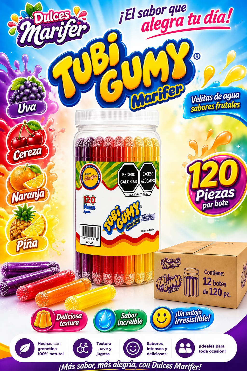 Tubi Gumy Bote — 120 piezas sabores de agua
