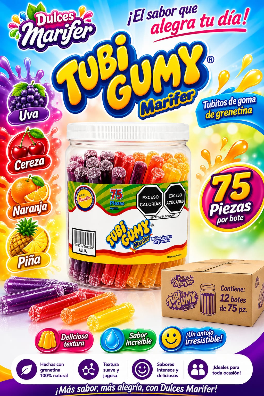 Tubi Gumy sabores de agua — bote de 75 piezas con sabores frutales