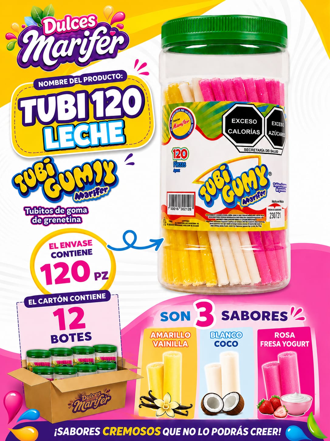Tubi Gumy Leche Bote — 120 piezas sabores cremosos