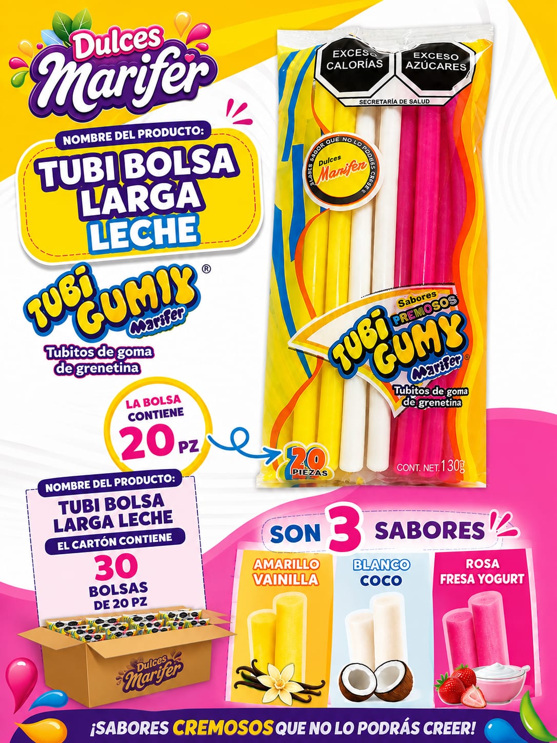 Tubi Gumy Leche Bote — 240 piezas sabores cremosos