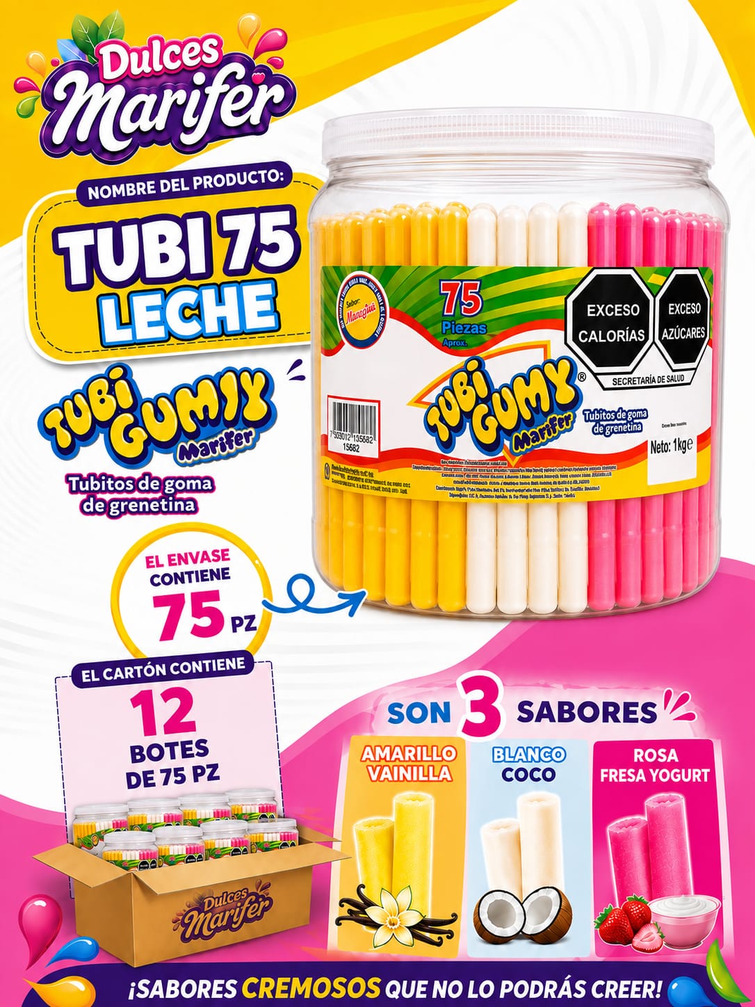 Tubi Gumy sabores cremosos — bote de 75 piezas sabores de leche